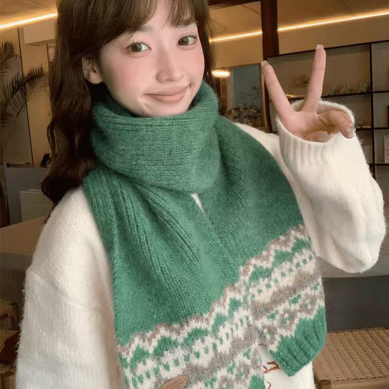 Fair Isle Red Wool Christmas Scarf: Women's Winter 2024 Korean Style Neck Warmer