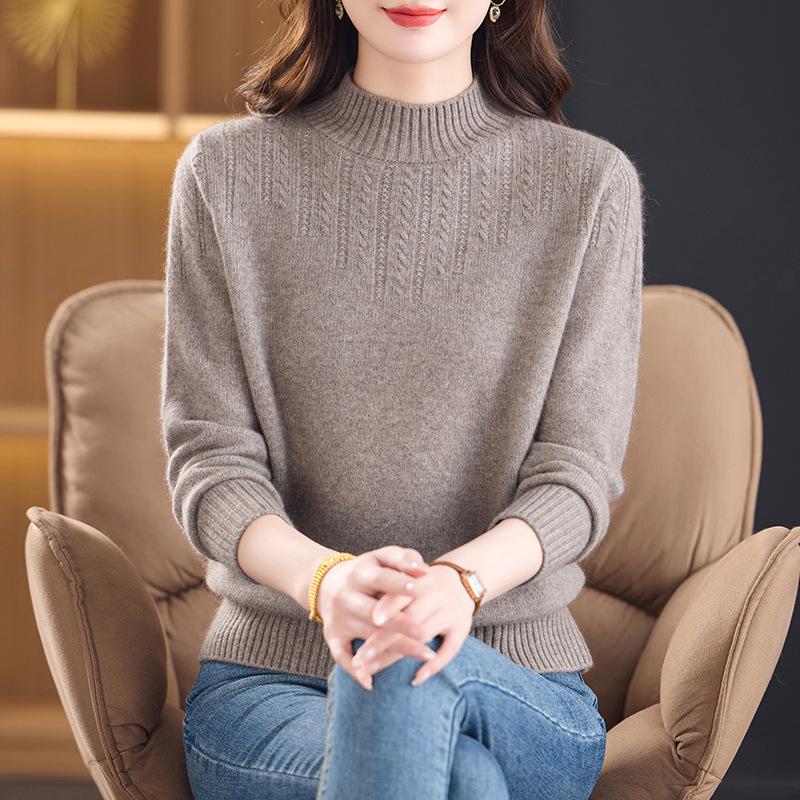 New Pure Wool Sweater for Middle-Aged & Elderly Women - Stylish, Warm, Half-High Collar, Thickened for Autumn/Winter