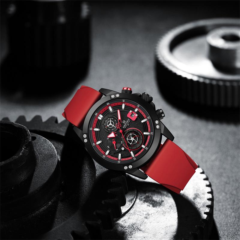 Naviforce Мужские часы с водонепроницаемым резиновым силиконовым ремешком, хронограф, наручные часы 8033