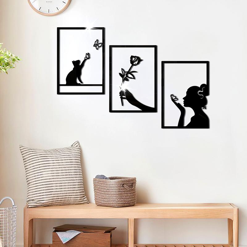3 шт. 3D Новые наклейки на стену для зеркала с изображением кошки и девочки, самоклеящиеся акриловые наклейки с изображением бабочек и цветов