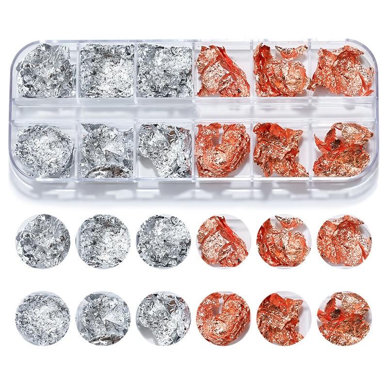 12 сеток/коробка, металлическая фольга для ногтей, алюминиевая бумага, украшения для дизайна ногтей, золото, серебро, розовое золото