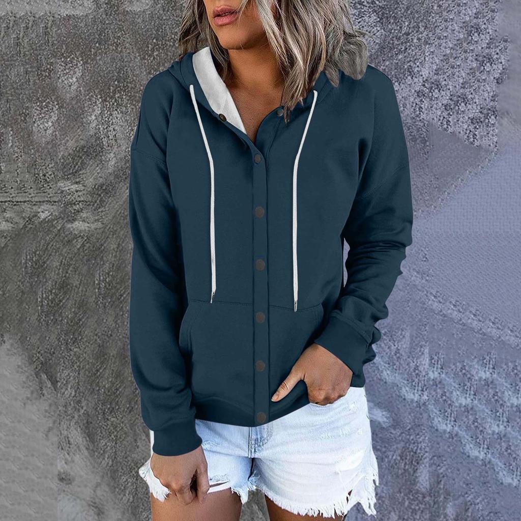 Women's Fashion Casual Solid Colour Button Hoodie Long Sleeve Sweatshirt Drawstring Jacket Coat