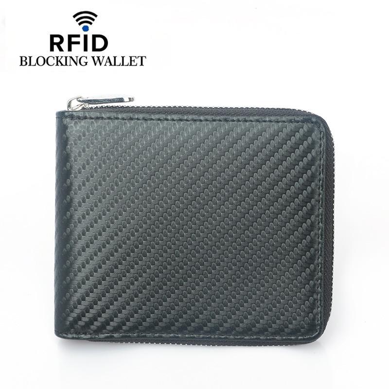 RFID мужской кошелек из воловьей кожи: Защита от кражи, Узор из углеродного волокна, Много отделений для карт, Застежка-молния, Европейский и американский стиль
