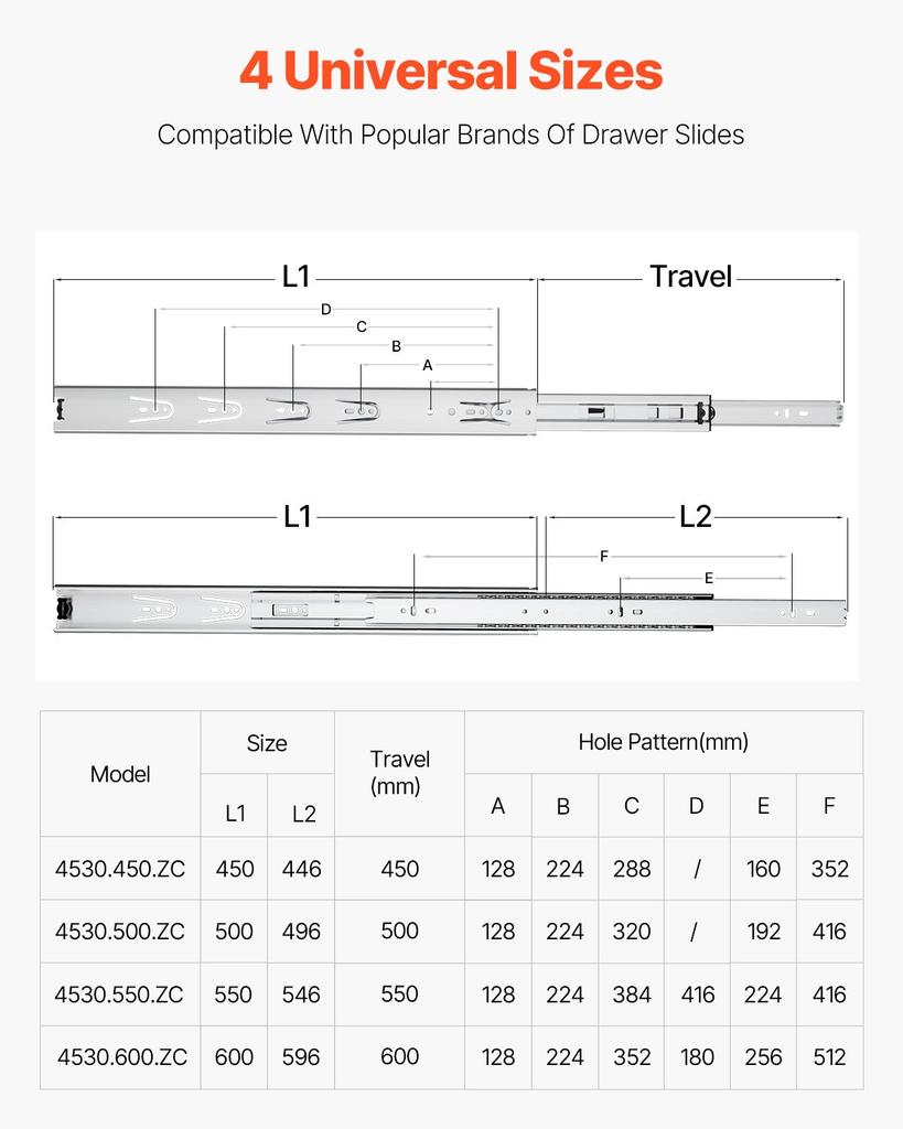 VEVOR Drawer Slides, 24 inch, 10 Pairs Full Extension Ball Bearing Cabinet Rails, 100 LB Load Capacity Heavy Duty Side Mount Dresser Drawer Slides