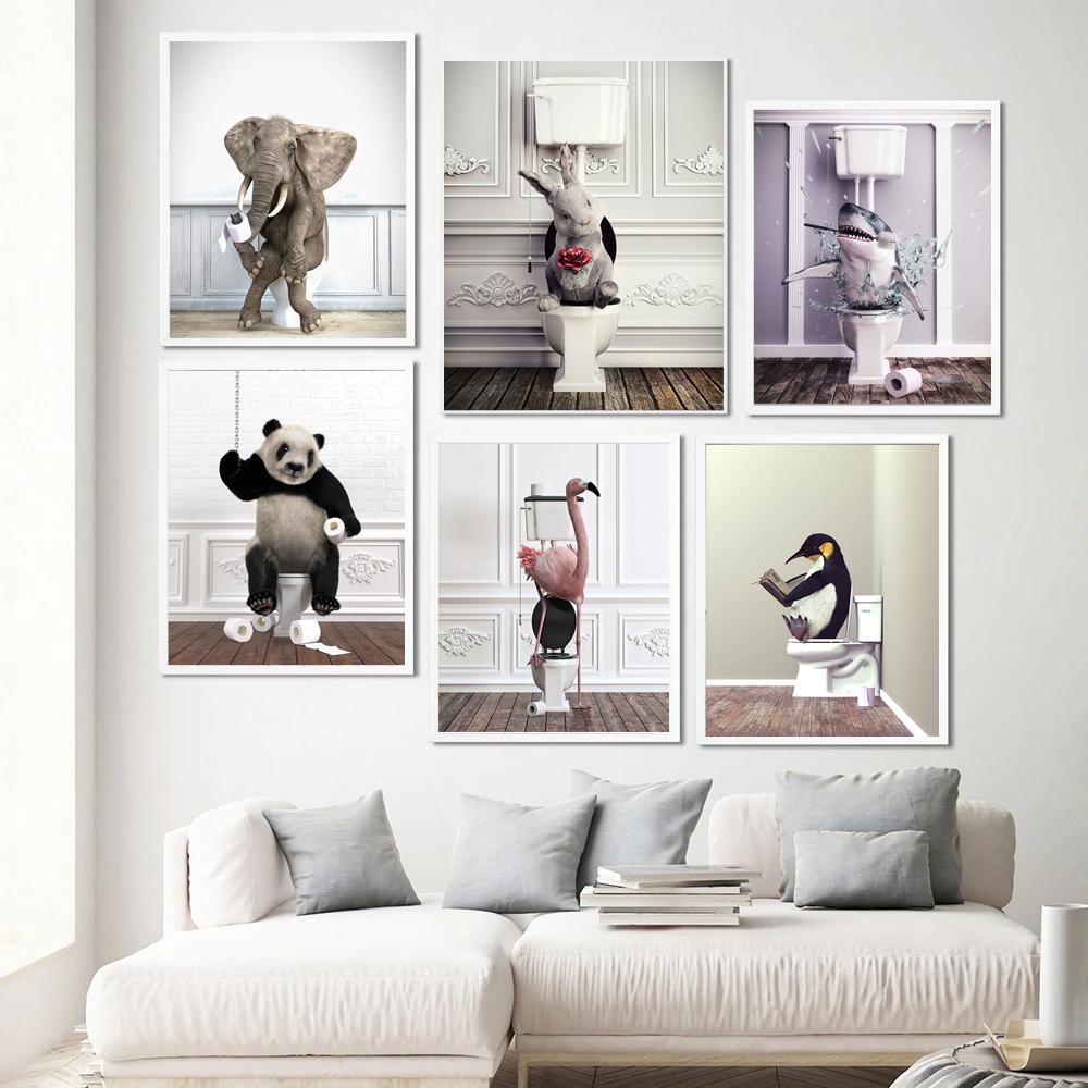 Юмор для ванной комнаты животное динозавр кролик акула лиса настенная живопись печать холст живопись ванна плакат настенные панно туалет домашний декор