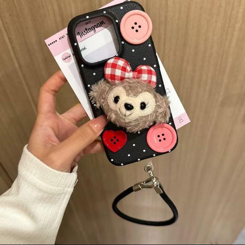 Милая плюшевая кукла-груша Кожаный шнурок Подходит для iPhone16 15 Кожаный узор Чехол для мобильного телефона Apple 14 Защитная крышка