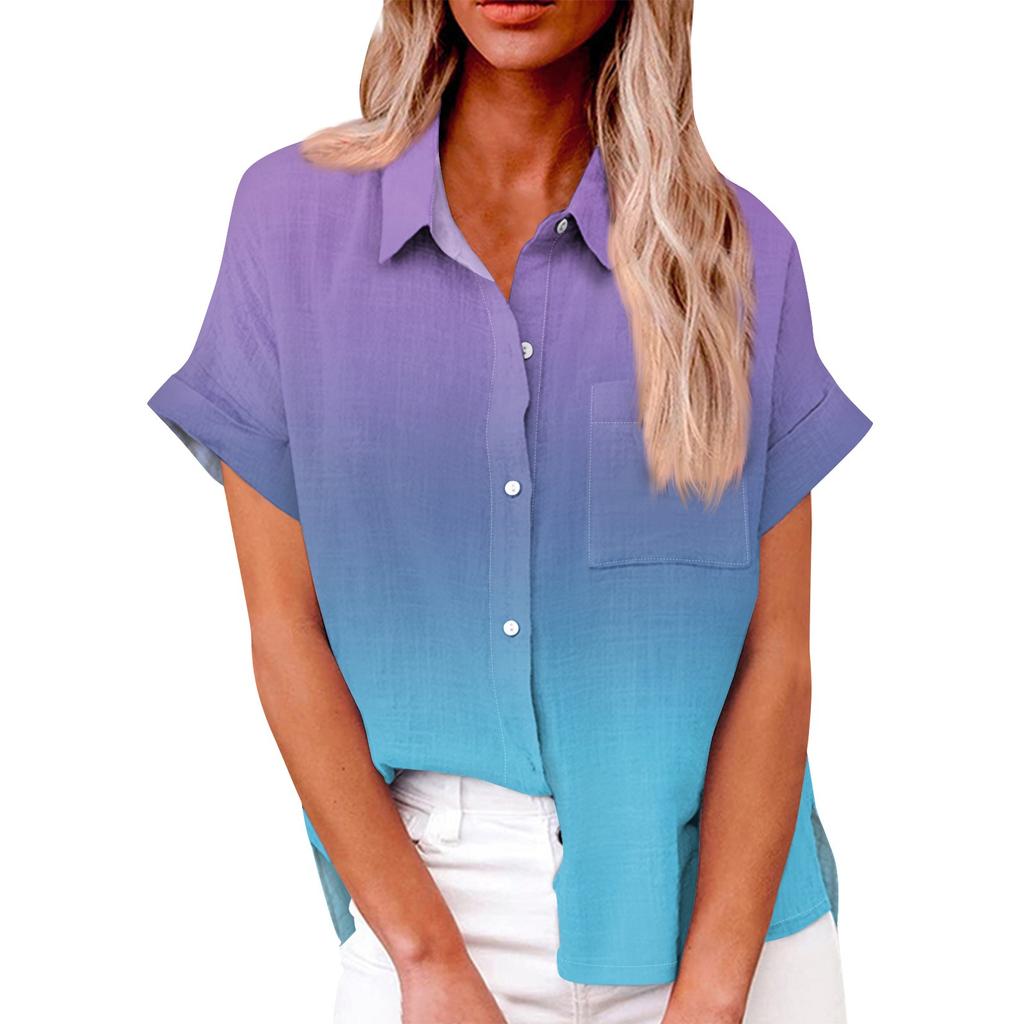 Женская свободная повседневная рубашка с короткими рукавами и пуговицами с градиентным принтом и карманами