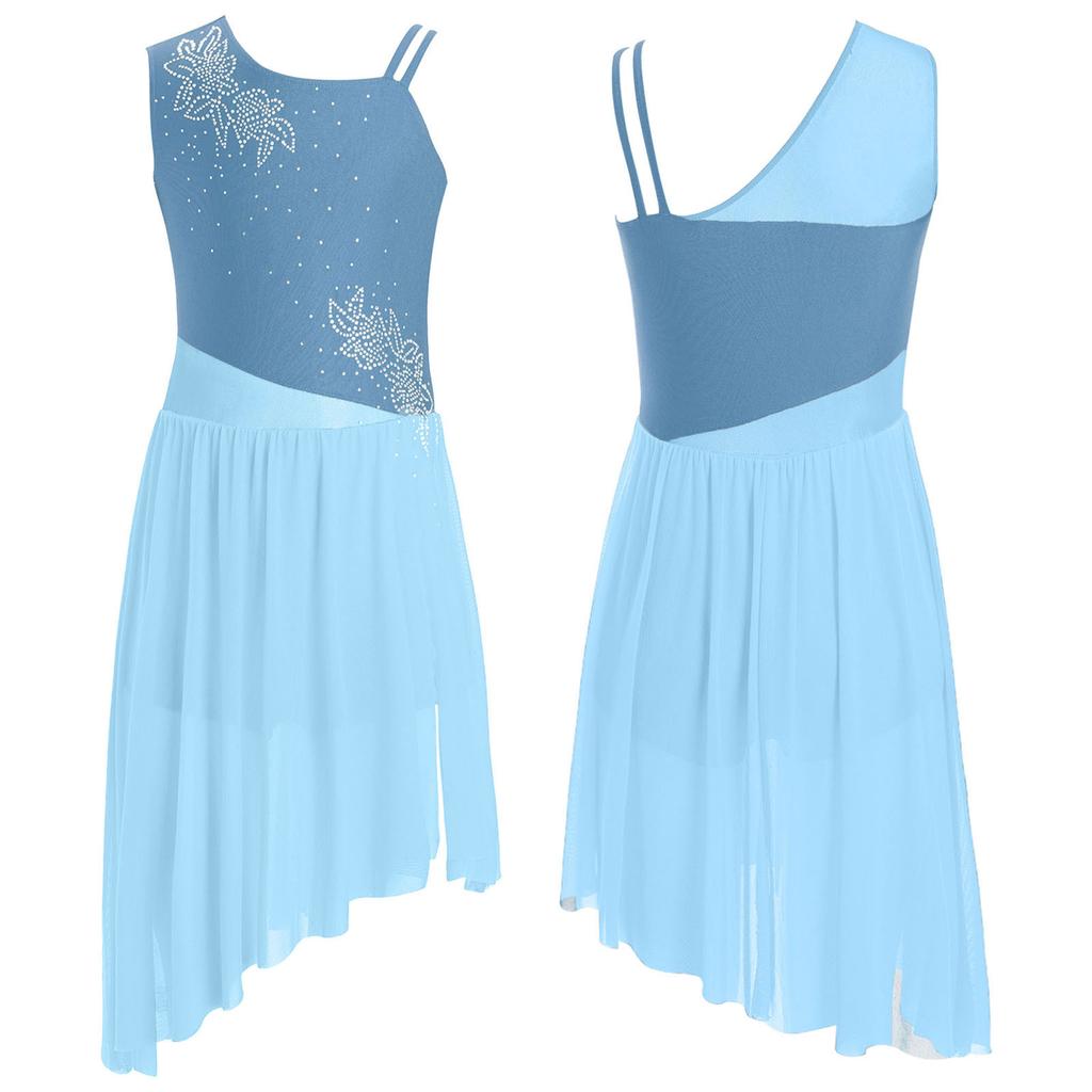 Платье для лирического танца для девочек с цветочным узором и стразами, без рукавов, с асимметричным подолом и боковым разрезом, костюм для выступлений