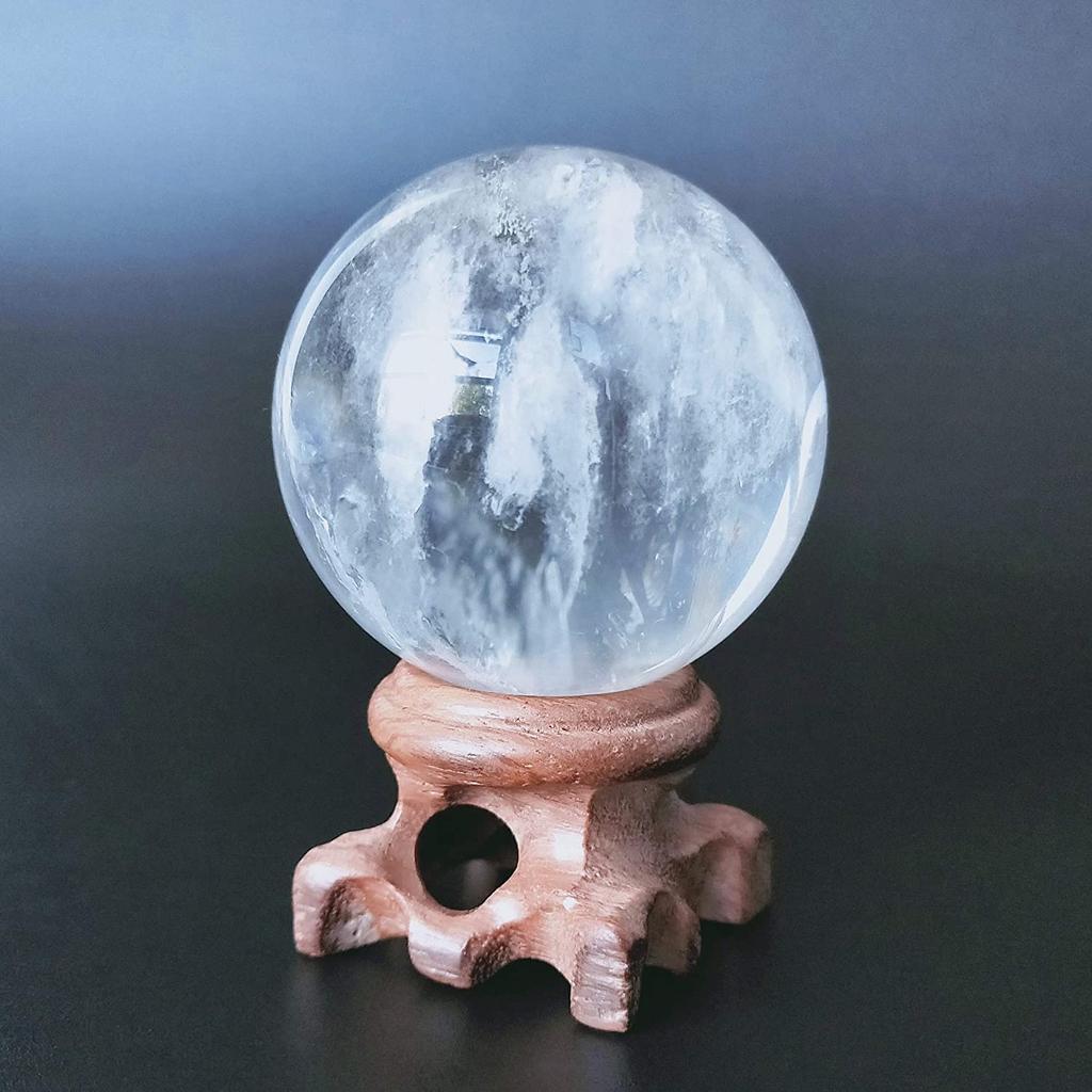 Polar Jade Natural Clear Quartz Power Stone Sphere (40mm Diameter) with Base, Promotes Good Fortune, Divination, Healing, and Protection.