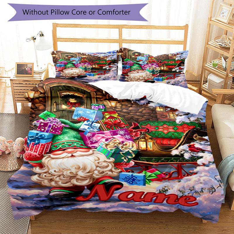 3pcs Custom Name Christmas Santa Claus Bedding Set Duvet Cover Closure Includes 1 Duvet Cover & 2 Pillowcases, Soft and Comfortable for All Seasons.