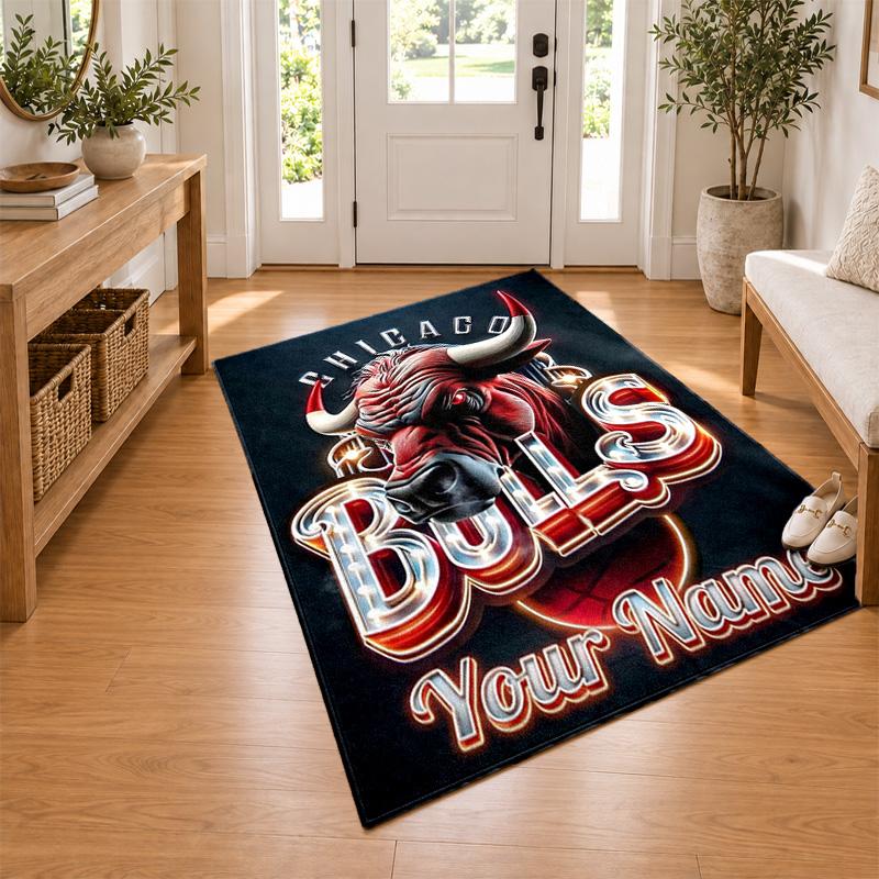 Chicago Bulls Custom Name Personalized Rug Non‑Slip Doormat Floor Carpet Housewarming Birthday Gift for Family Friends