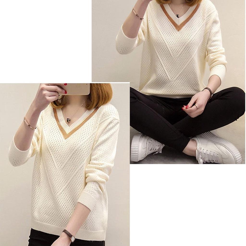 Осенний женский свитер с длинным рукавом, однотонный, с вырезом, повседневный пуловер, свободный женский свитер с V-образным вырезом