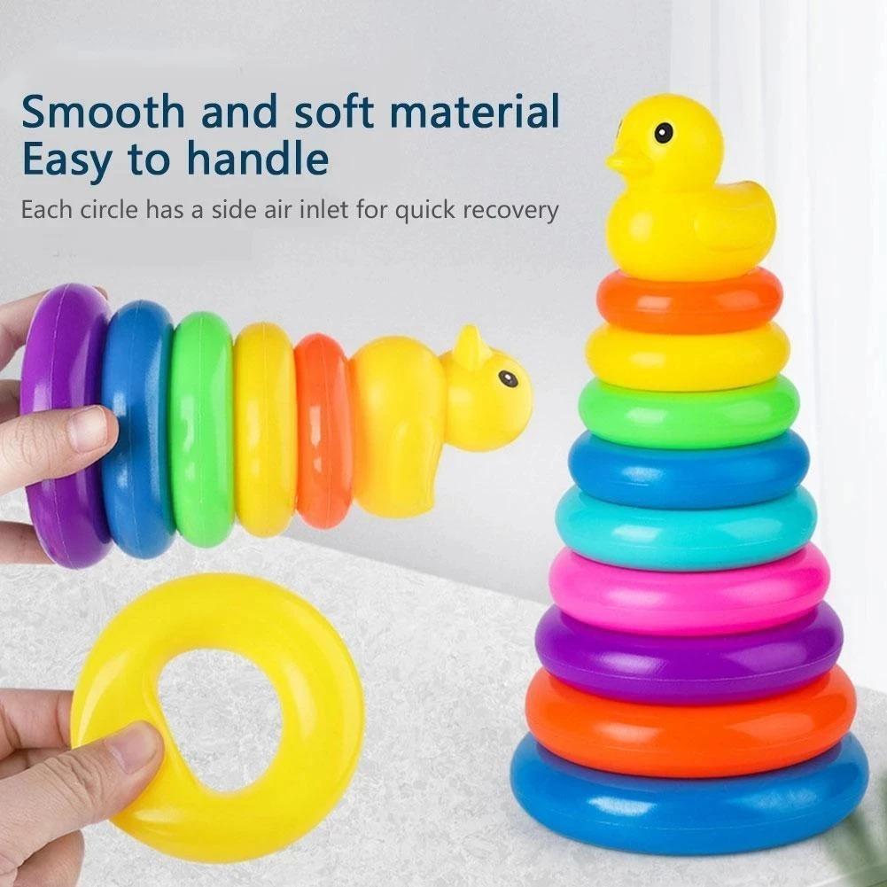 1PC Children's Puzzle Rainbow Tower Collar Little Yellow Duck Stacking Fun Baby Toy