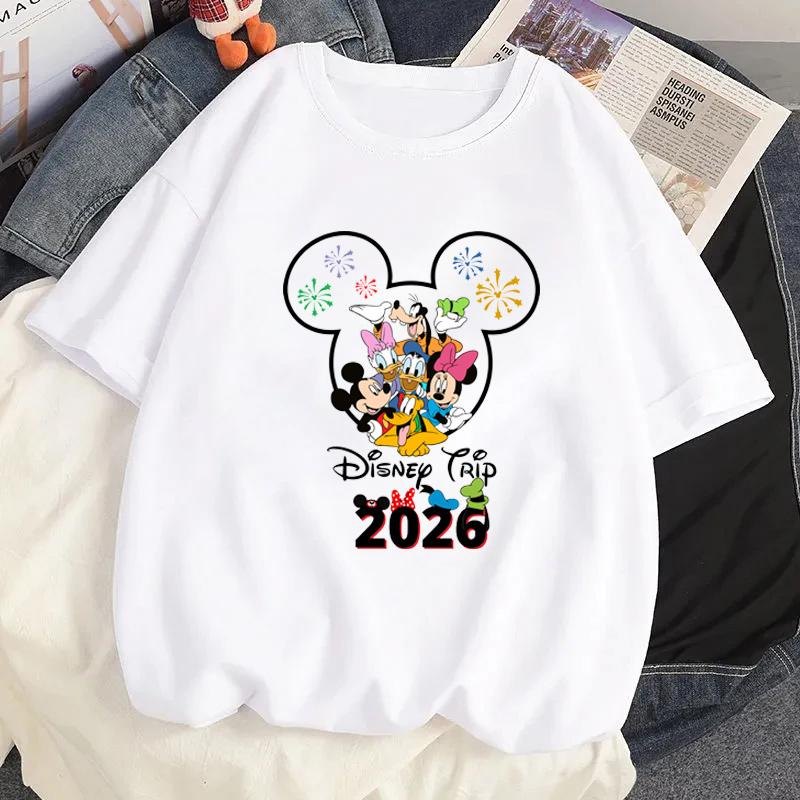 2026   Поездка Микки Минни Маус Белые Футболки Мода Y2k Унисекс Уличная Одежда Повседневные Топы Хлопок Повседневный Свободный Короткий Рукав