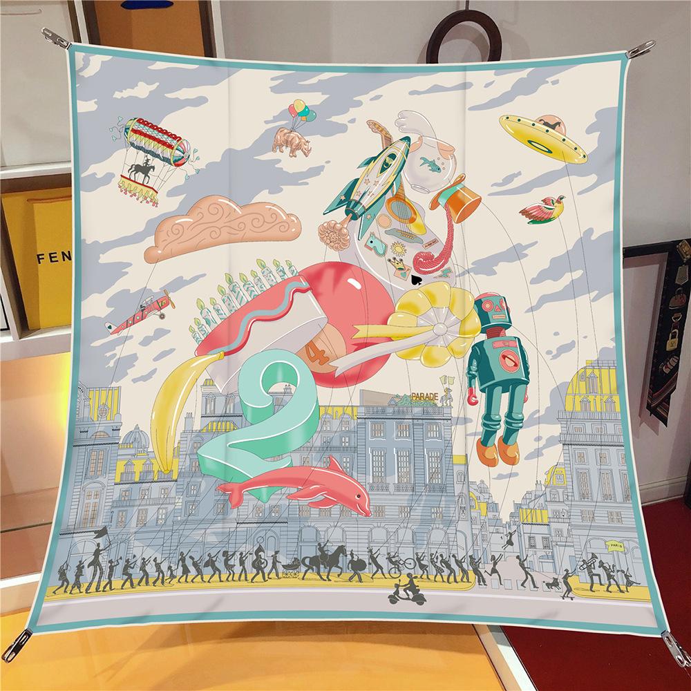 90CM Silk Scarf Women Fly World Print Square Scarves Head Echarpes Silk Foulards Femme Wraps Beach Shawl Bandana Lady Hijabs