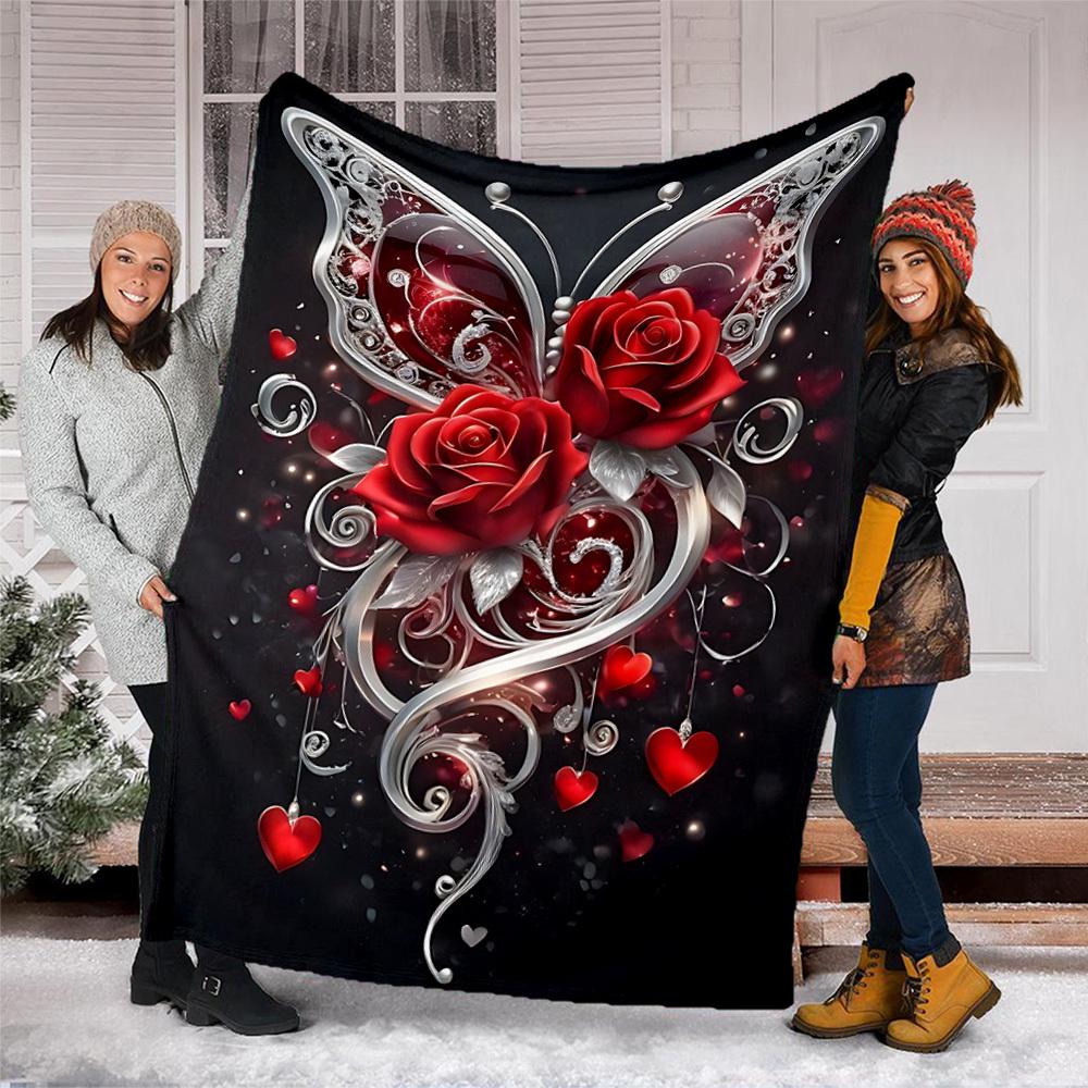 1pc Butterfly Roses Heart Outdoor Flannel Blanket Soft All Season Polyester Throw , Perfect for Picnics & Travel , Picnic Accessory