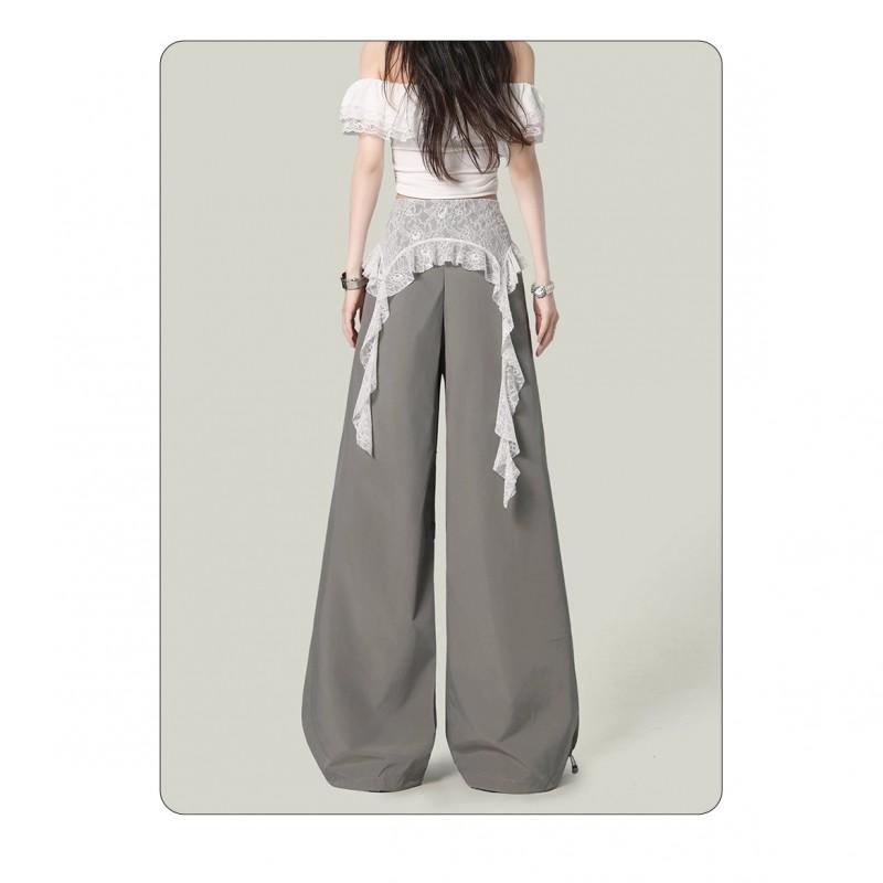 Womens High-Waisted Wide-Leg Pants With Lace Trim Loose Fit Breathable Taffeta Streetwear Jazz Dance Casual Wear