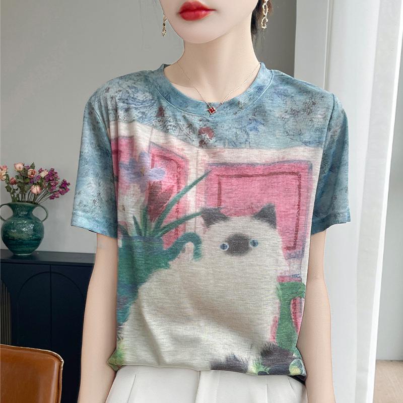 2026 Summer New Women's Round Neck Loose Tie-Dye Cartoon Cat Print Short Sleeve T-Shirt Top