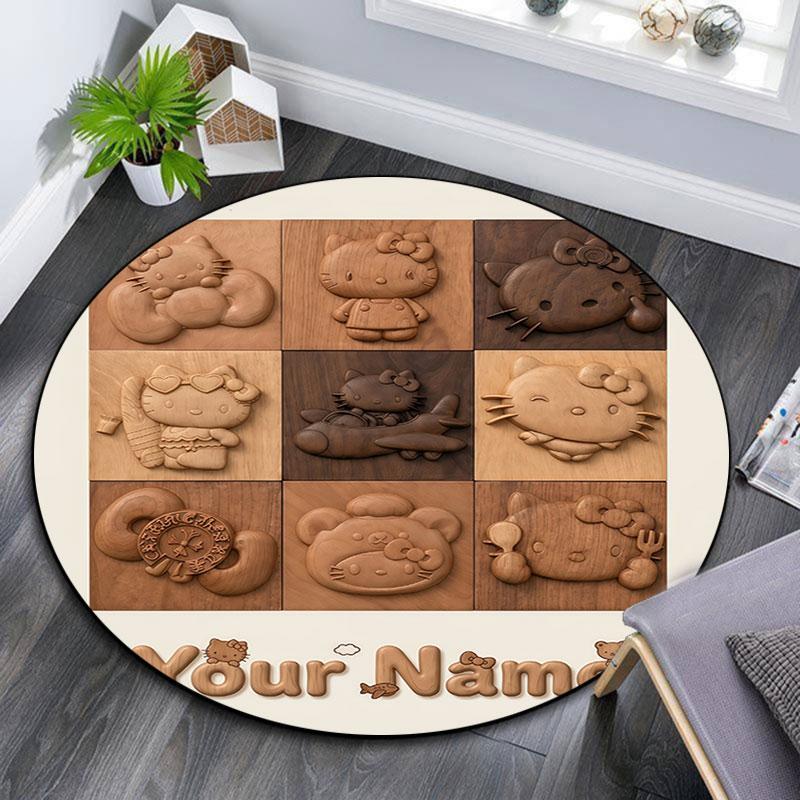 Custom Name,Chocolate Embossed Hello Kitty pattern round rug,Carpet Rug for Living Room Bedroom Playroom ,Non-slip Floor Mat,Holiday Gifts and Birthda