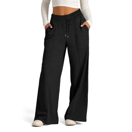Women Sweatpants Elastic Mid-rise Adjustable Drawstring Straight Wide Leg Jogger Athletic Pants with