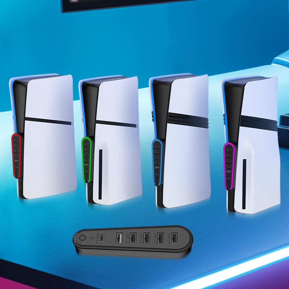 6-портовый USB-хаб, зарядное устройство, адаптер-конвертер с RGB-подсветкой, концентратор для расширения, удлинитель для передачи данных для PlayStation 5 Pro/Slim