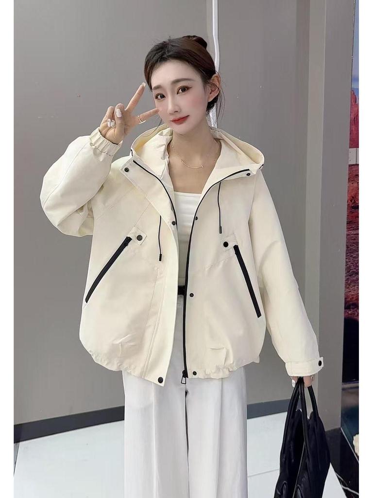 Женская куртка-ветровка с капюшоном свободного кроя - Универсальный корейский стиль, короткий дизайн на кулиске для весны и осени