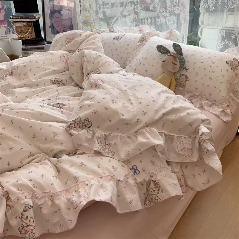 Korean Style Princess Floral Bedding Set Washed Cotton Vintage French Pastoral Flowers Lace Ruffles Duvet Cover Set Pillowcase