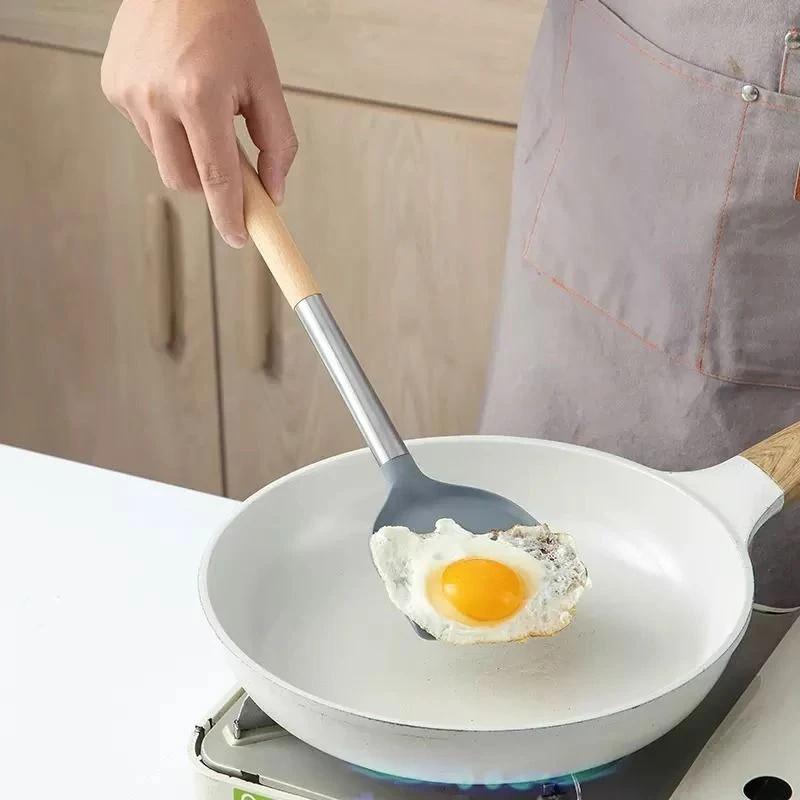 4 шт. кухонных принадлежностей, силиконовые наборы инструментов для приготовления пищи, антипригарная лопатка, лопатка для яиц с деревянной ручкой, сито для лапши, ложка для супа