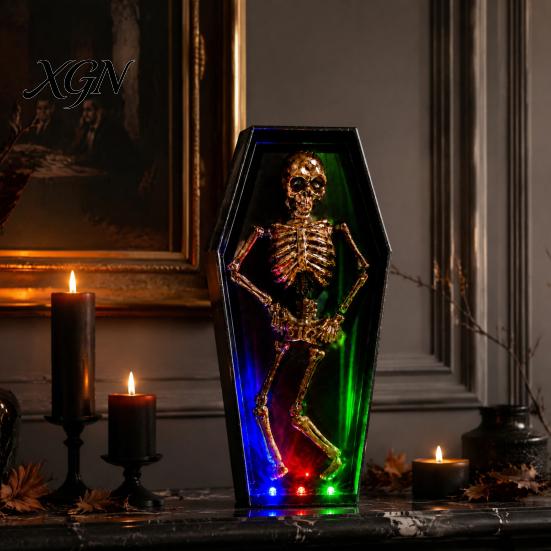 Automatic Dancing Skeleton Halloween in Casket, Light Up Musical Toy with Desktop Decoration LED Lights, Spooky Animated Decor, Party Haunted