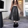 2024 Осень/Зима Женская Черная Юбка Миди А-силуэта с Завышенной Талией из ПУ Кожи