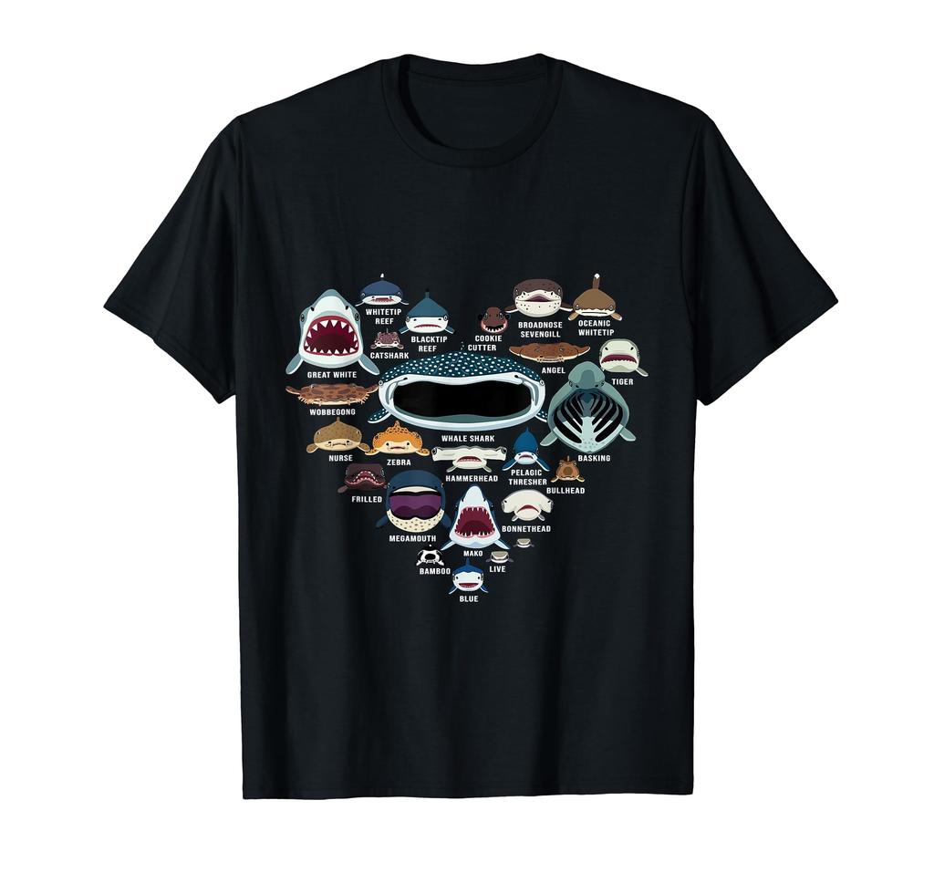 Types of Shark Identification Shark Face Shark Heart - - T-Shirt