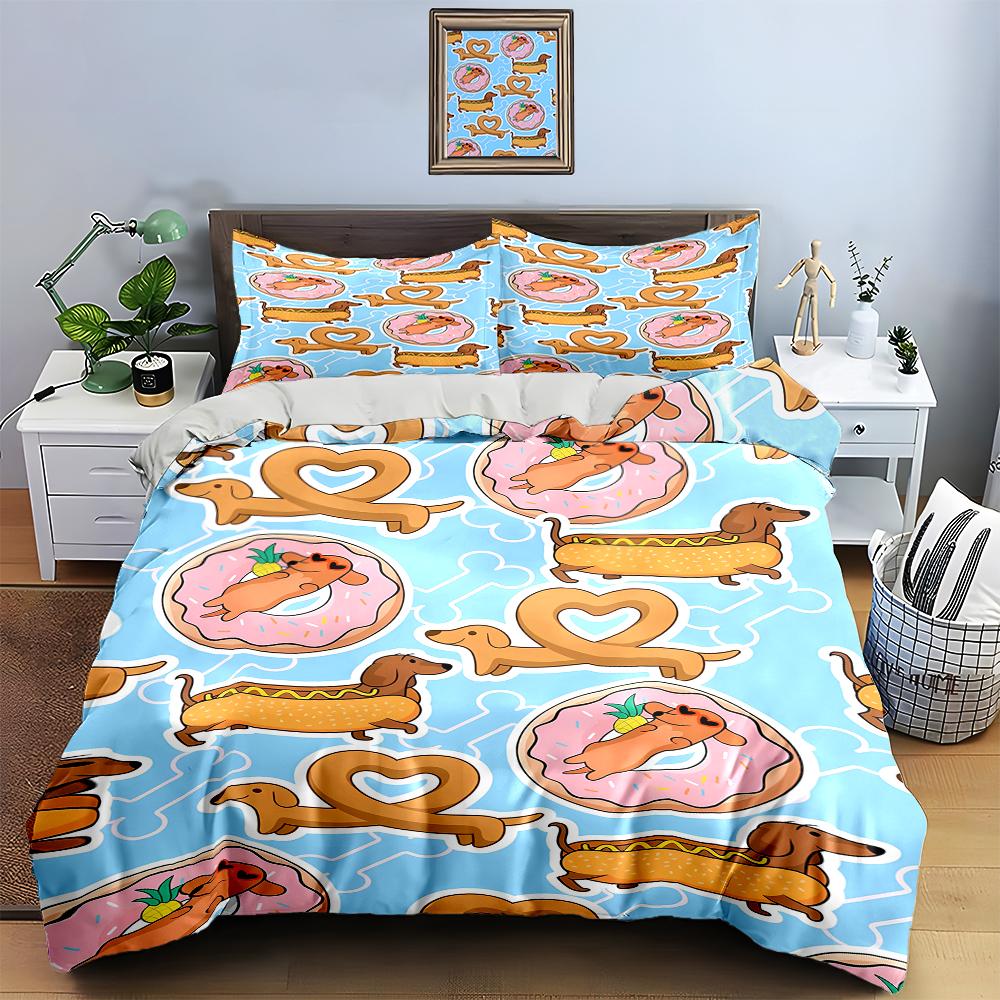 Dachshunds donuts hearts Bedding Duvet cover sets Duvet covers Pillowcases gifts (1 * Duvet Cover 2 * Pillowcases, without duvet insert)