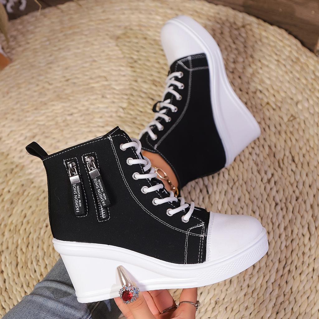 Fashion Wedge Side Zipper Increased High Breathable Sneakers 2025 New Women Lace-Up Platform Outdoor Wedge Invisible Heel Canvas Shoes