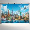 World Map & Landmarks Photography Backdrop - Polyester, Indoor/Outdoor Use For Parties, New York & Paris Eiffel Tower Design