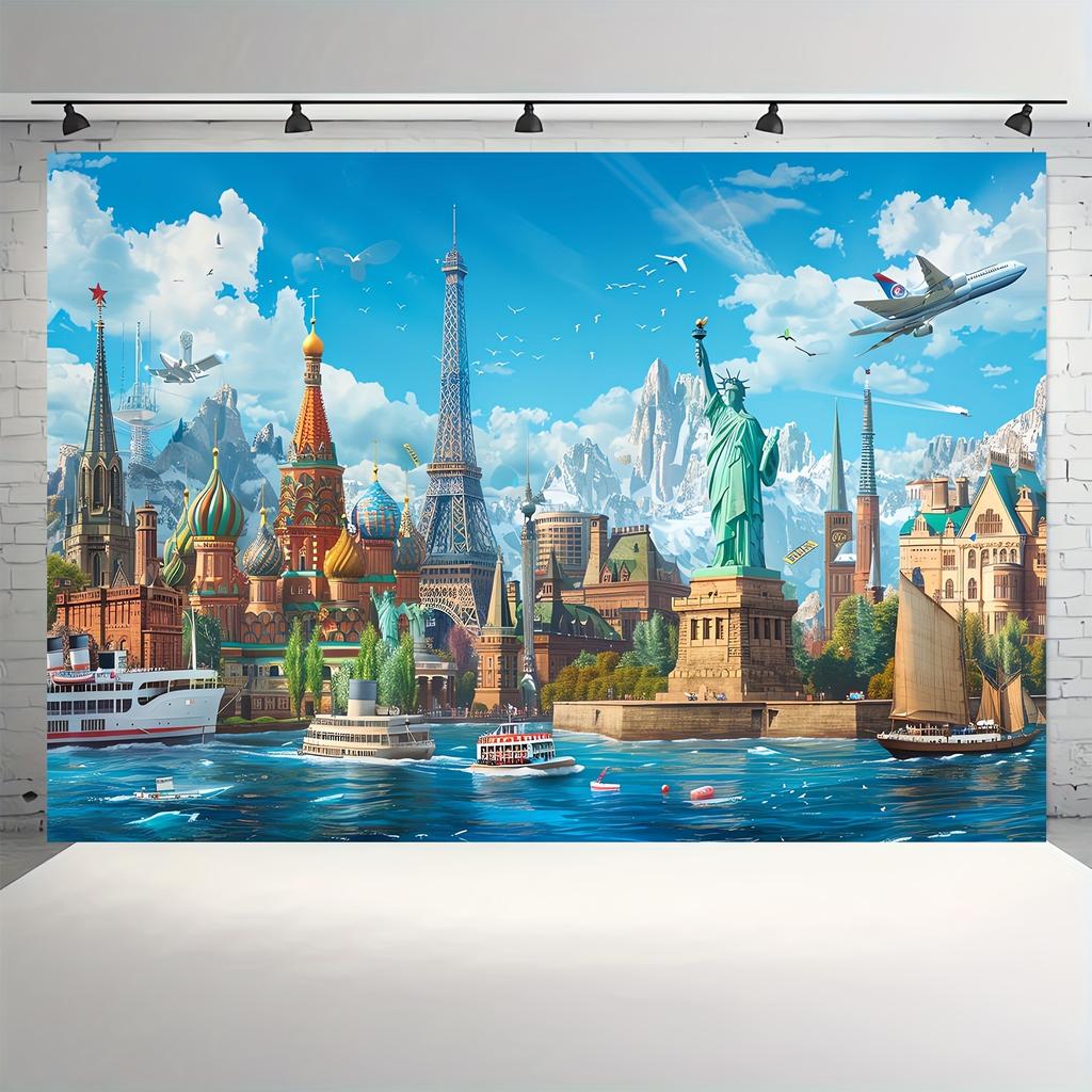 World Map & Landmarks Photography Backdrop - Polyester, Indoor/Outdoor Use For Parties, New York & Paris Eiffel Tower Design