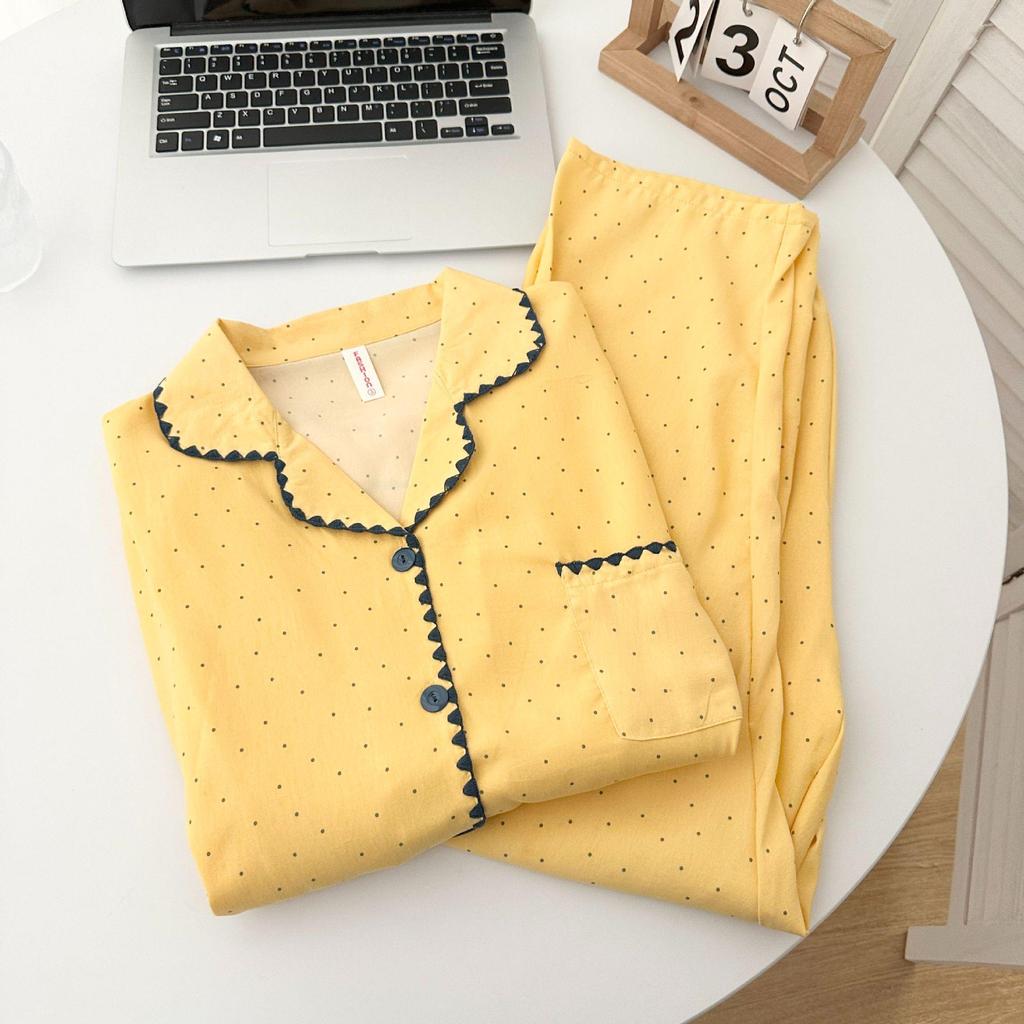 Женский пижамный комплект из облачного хлопка в желтую клетку с отделкой по краю в виде ракушек - С длинным рукавом, для дома на весну/осень, с ощущением высокого качества.