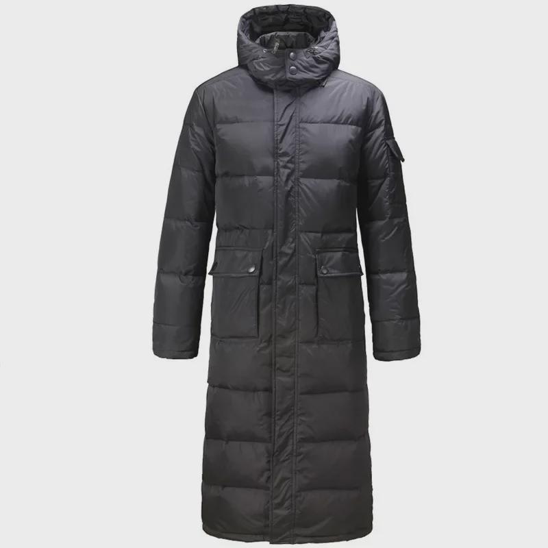 Мужской зимний длинный пуховик свободного покроя со съемным капюшоном и двойной молнией