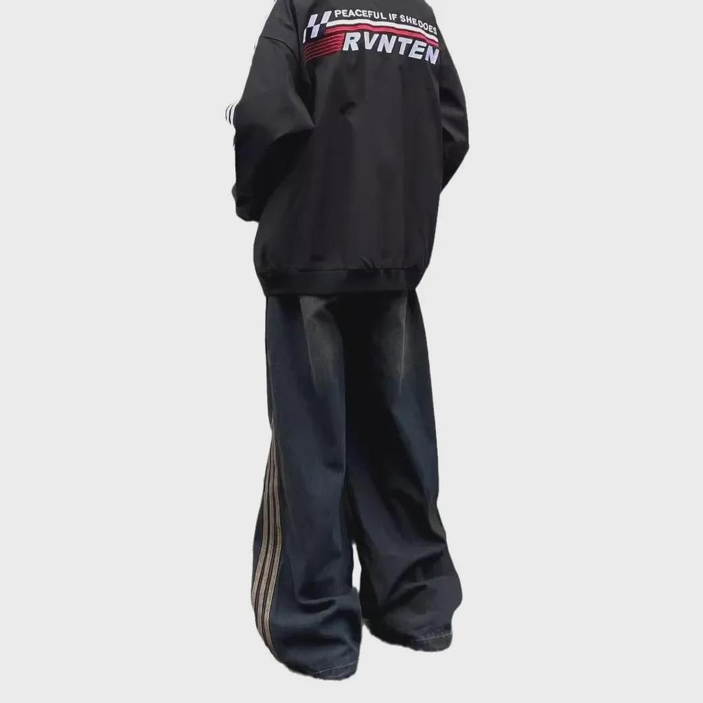 Осенне-зимние полосатые плиссированные свободные повседневные брюки: Ретро Джинсы в Американском Уличном Стиле