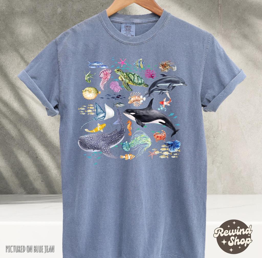 Comfort Colors Watercolor Sea Animal Tshirt, Ocean Nature Shirt, Sealife, Ocean, Whale, Orca, Turtle, Dolphin Shit, Unisex Adult Tee