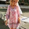 Summer Women Dress Bohemian Style Floral Print V Neck Lace-up Drawstring Long Sleeves Patchwork