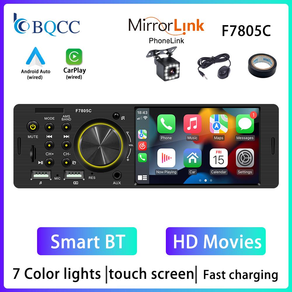BQCC 1 Din4.1Inch Touchscreen Car Radio wired Android auto carplay Bluetooth FM USB Mirrorlink 7 colorful lights  car stereo