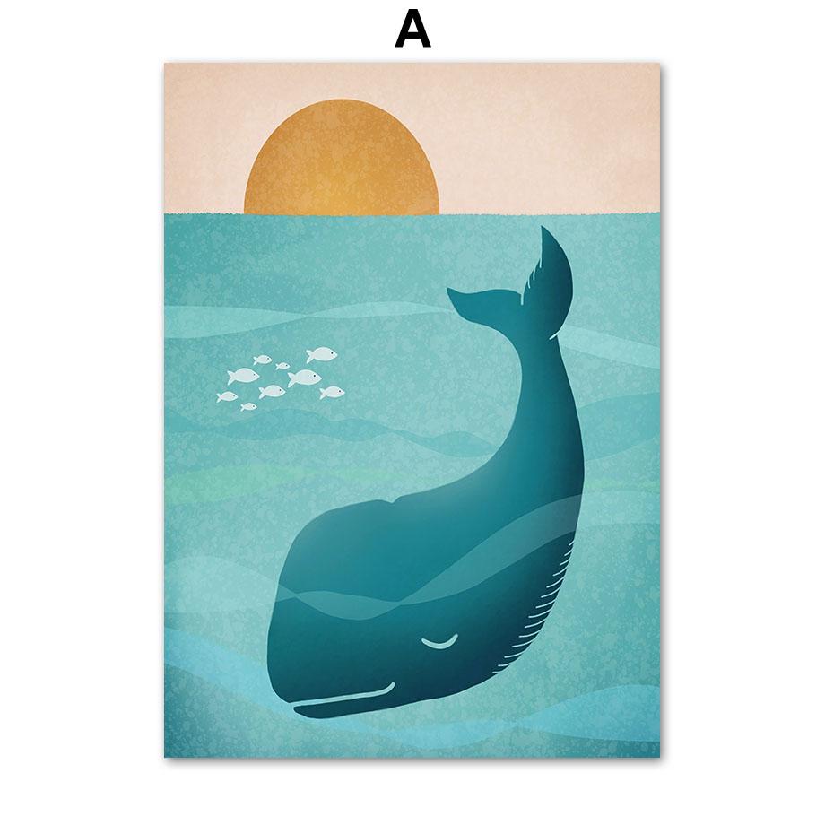 Синий Океан Рыба Кит Маяк Солнце Морская Детская Стена Книги по искусству Холст Картины Плакаты и принты Настенные Панно Декор Детской Комнаты