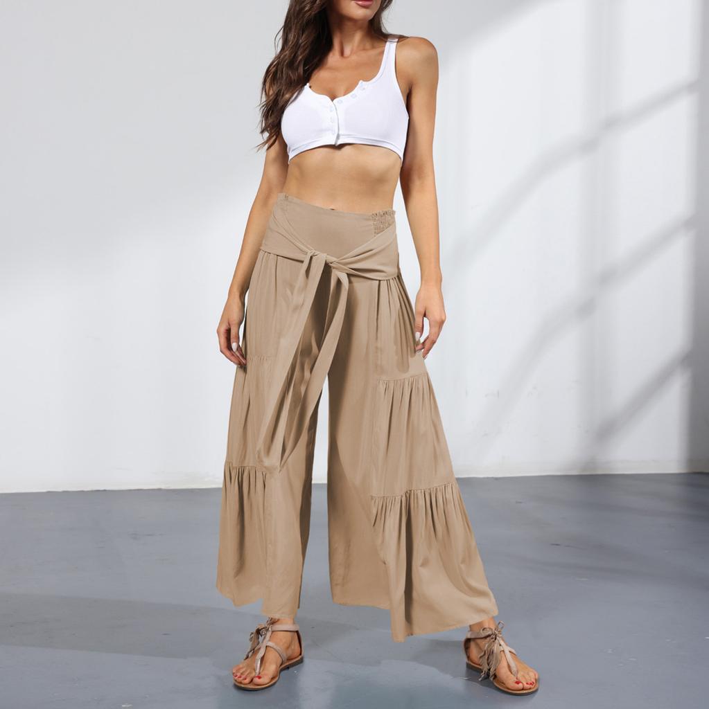 Модные женские однотонные повседневные удобные расклешенные широкие брюки пляжные плиссированные девятые брюки