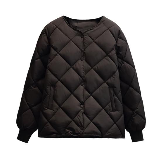 Women Winter Down Coat Rhombus Texture Stitching Thick Padded Pockets Long Sleeves Solid Color Single-breasted Elastic Cuff Lady Jacket
