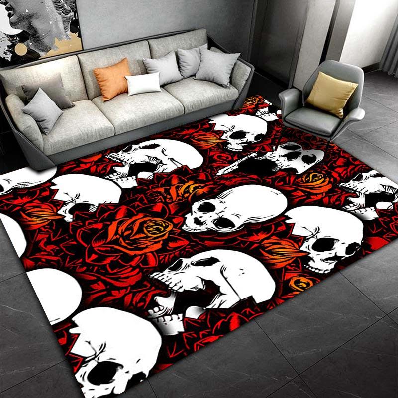 Skull and Rose Pattern Carpet, Red and Black Gothic Home Decor Rug Suitable for use as an anti-slip for living room bedroom sofas