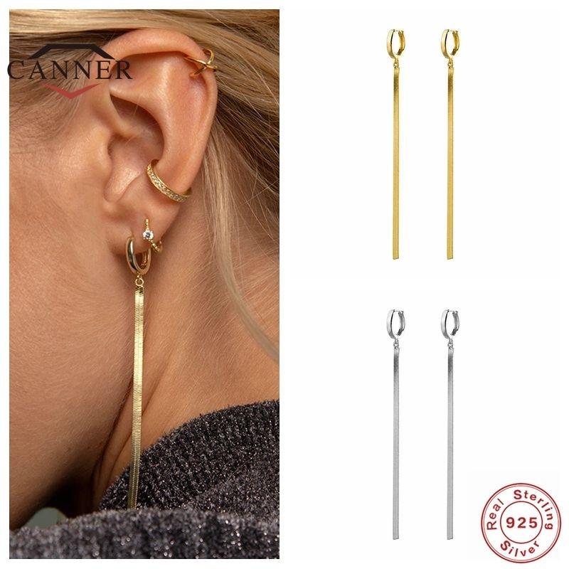 CANNER 100% Real 925 Sterling Silver Hoop Earrings For Women Simple Flat Snake Chain Tassel Piercing Earring Jewelry Pendientes