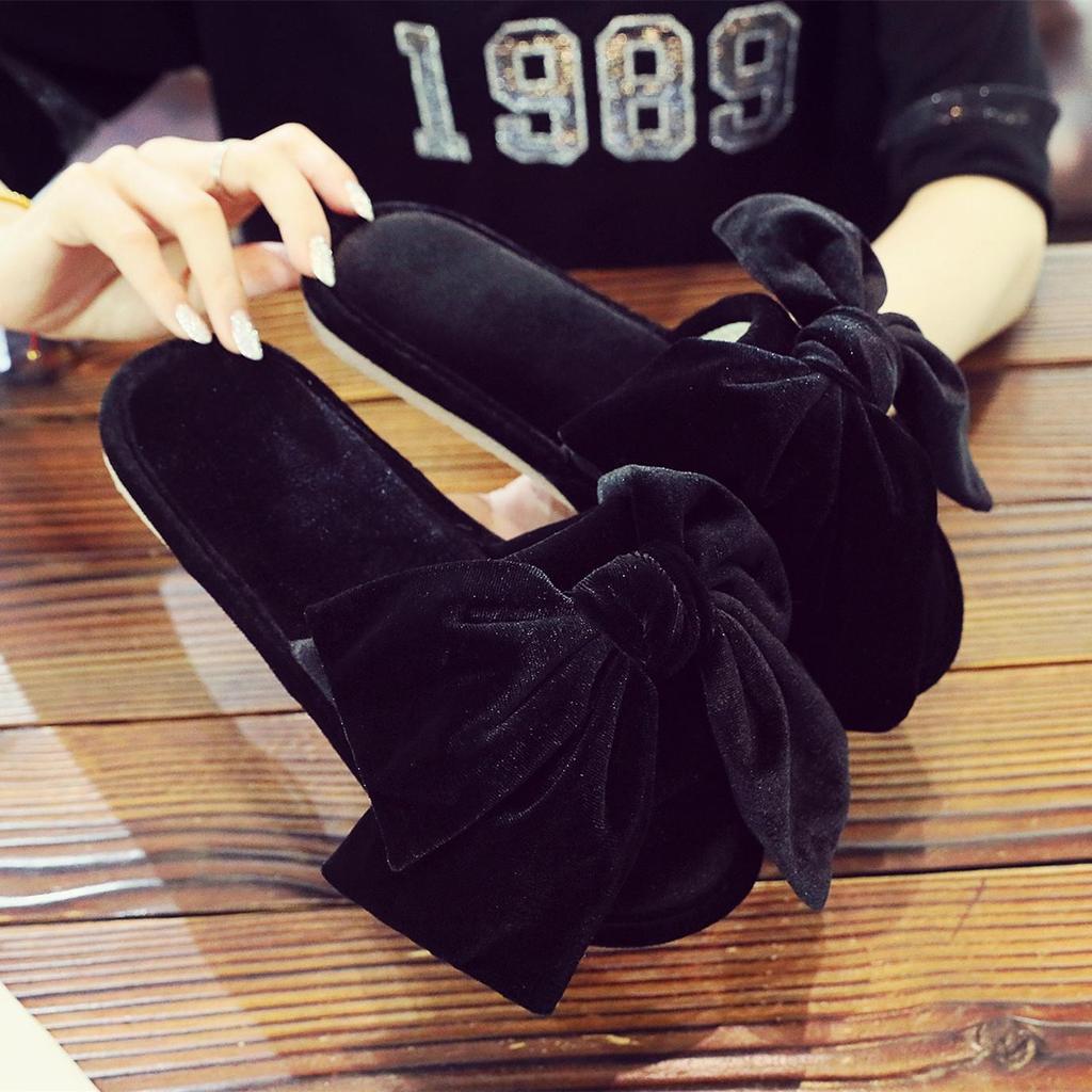 Корейские замшевые тапочки с бантом из золотистого бархата, нескользящие для дома и улицы, для женщин, Four Seasons  