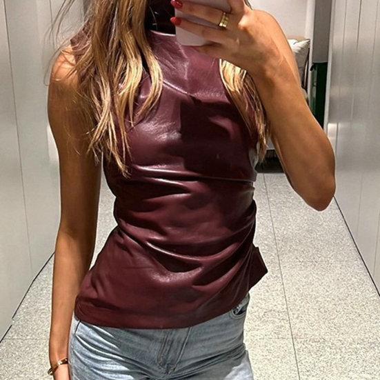 Женский модный мотоциклетный жилет с воротником без рукавов и застежкой-молнией, украшения, топы с неровным подолом, эластичный топ из искусственной кожи