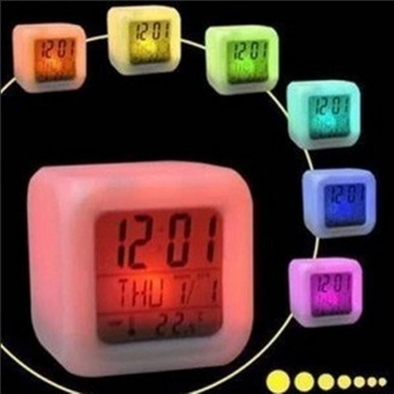 1PC White Colorful Alarm Clock, Creative Color-changing Colorful Square Alarm Clock LED Silent Night Light Electronic Clock