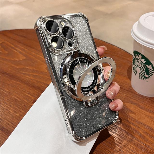 For iPhone 15 Pro Max Luxury Plating Magsafe Magnetic Stand Flash Phone Case For iPhone 11 12 13 14 16Plus Lens Protective Cover
